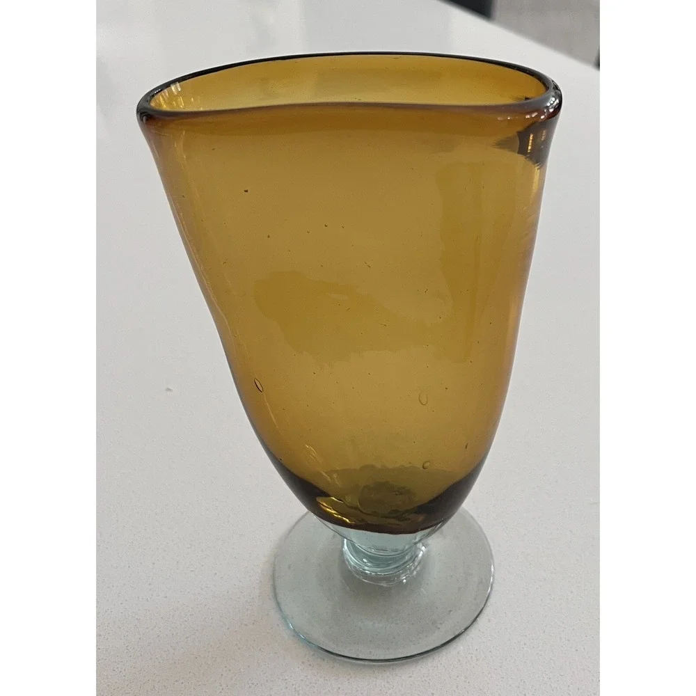 Vtg Hand blown Amber Fan Vase Art Deco Footed Clear Glass Vase